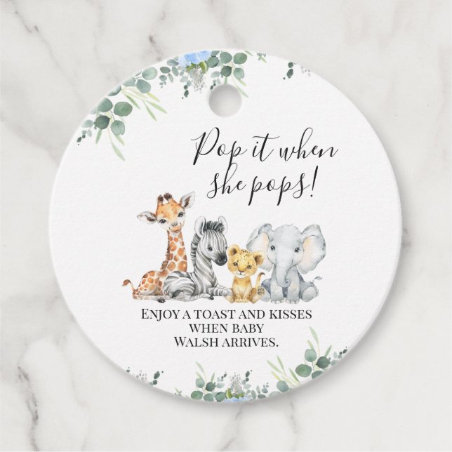 Blå Blommigt Foliage Safari Baby Shower Pop it it Gåvor Etiketter (Framsida)