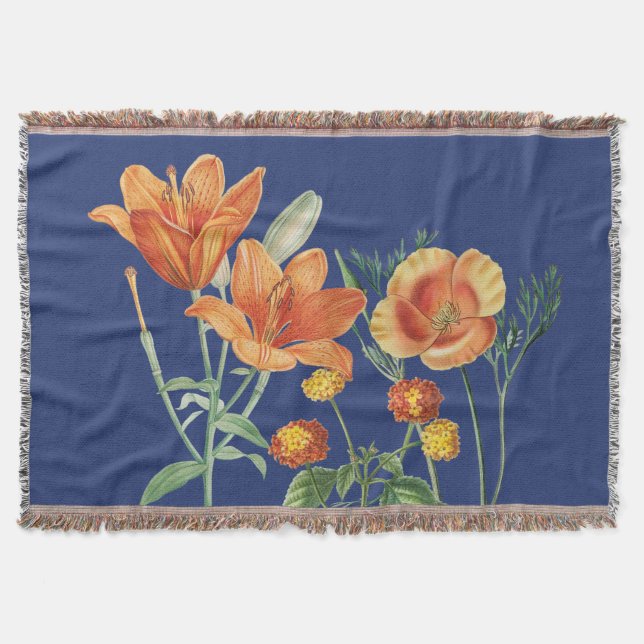 Blå Blommigt för höstfärg, Orange, blå Filt (Framsidan)