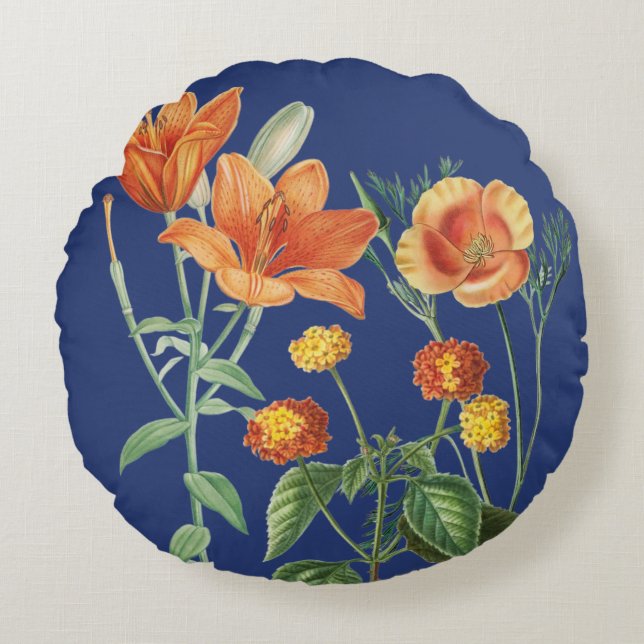 Blå Blommigt för höstfärg, Orange, blå Rund Kudde (Framsidan)