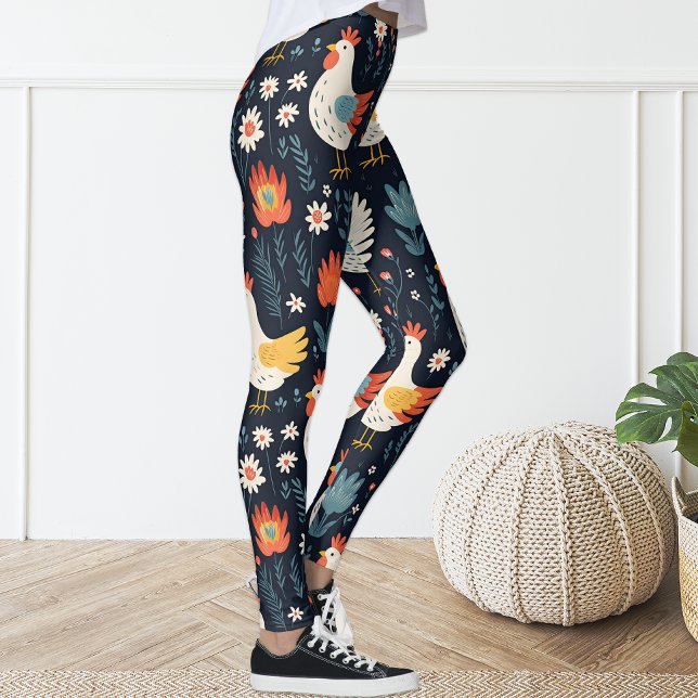 Blå Blommigt för kålhöns i Cute Roligt Navy Blue  Leggings (Skapare uppladdad)