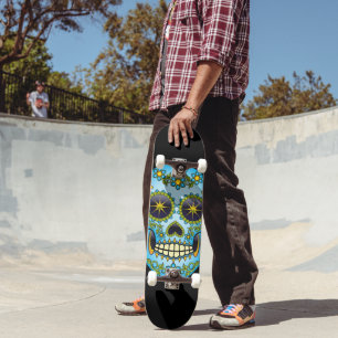 Blå Blommigt för sockerskullsblå Mini Skateboard Bräda 18,5 Cm
