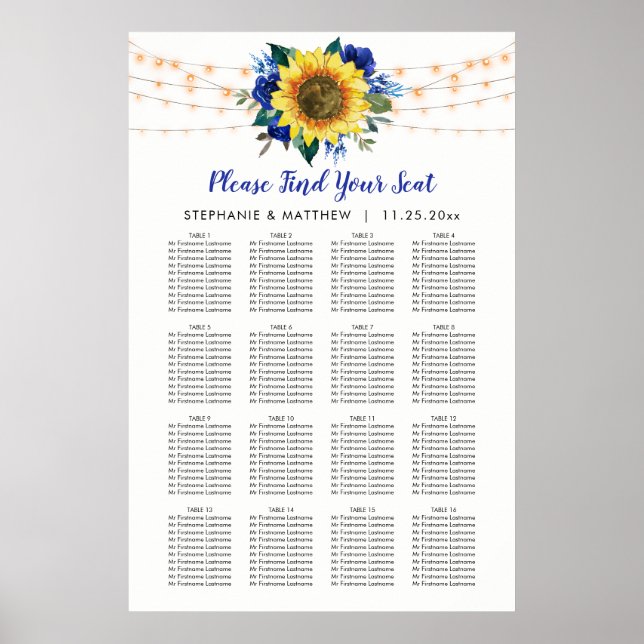 Blå Blommigt för solrossätesdiagram Bröllop Poster (Framsidan)