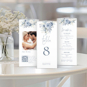 Blå Blommigt Foto QR Trifold Bröllop Menu Bord No