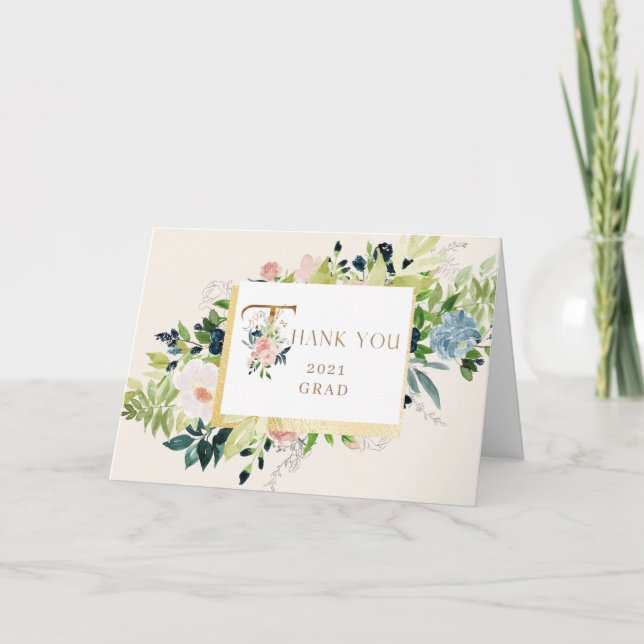 blå  blommigt Foto Studenten Tack Kort (Framsida)