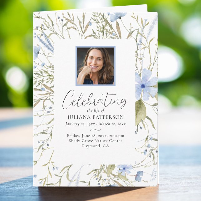 Blå Blommigt Foton Firande i livets begravning Program (Skapare uppladdad)