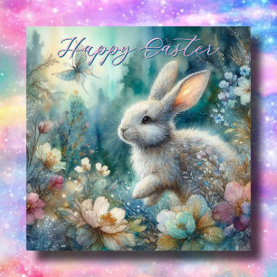 Blå Blommigt Glad påsk Watercolor Bunny Julkort