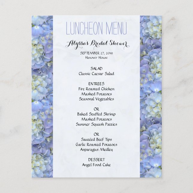 Blå Blommigt Gräns Shower Luncheon Menu (Framsida)