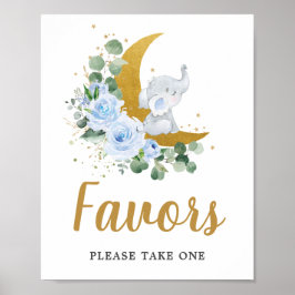 Blå Blommigt Greenery Elephant Crescent Måne Favor Poster