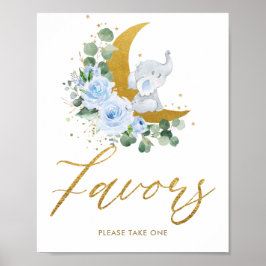 Blå Blommigt Greenery Elephant Crescent Måne Favor Poster