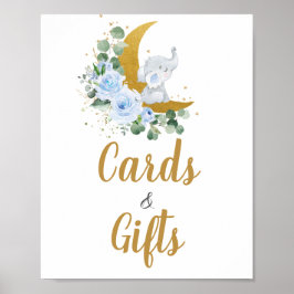 Blå Blommigt Greenery Elephant Måne cards och pres Poster