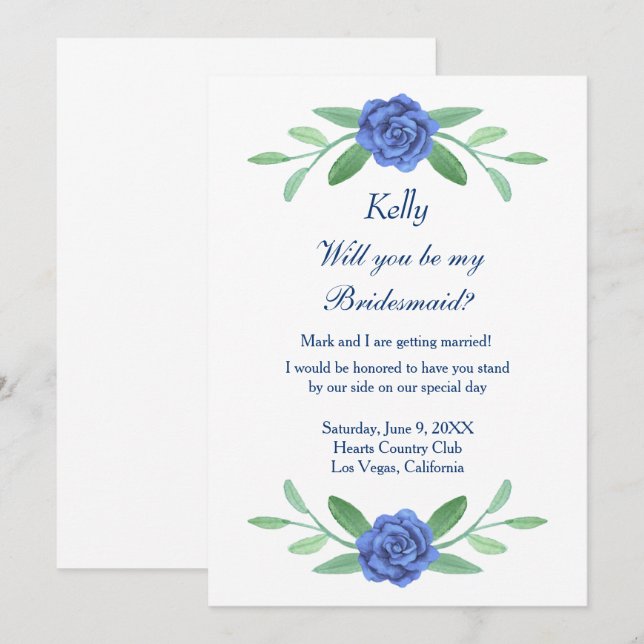 Blå Blommigt Greenery Foliage Bridesmaid Card Inbjudningar (Fram/baksida)