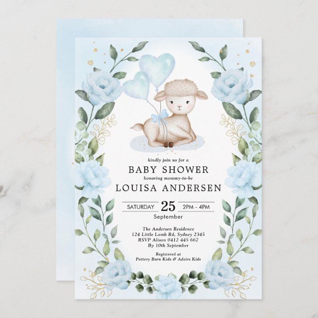 Blå Blommigt Greenery Little Lamb Baby Sheep Shoep Inbjudningar (Fram/baksida)