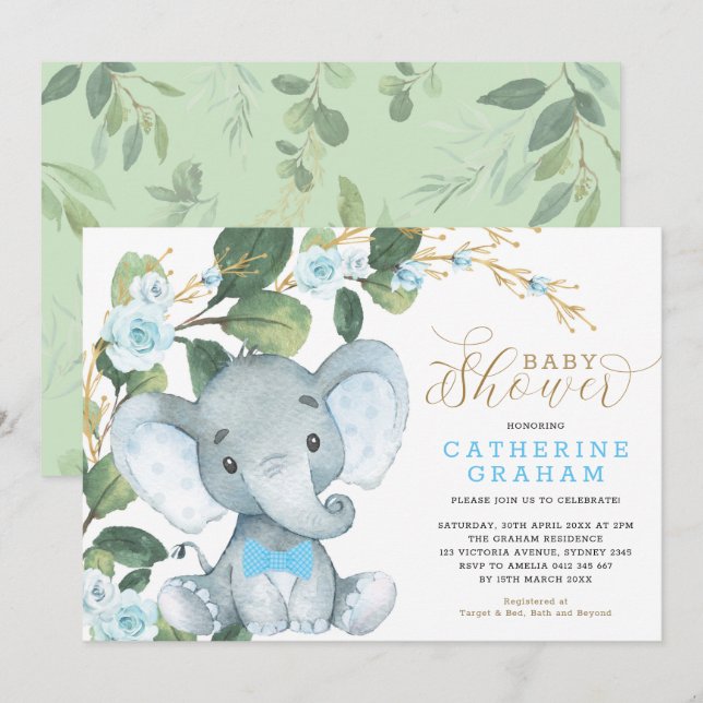 Blå Blommigt Grey Guld elev Baby Shower Inbjudningar (Fram/baksida)