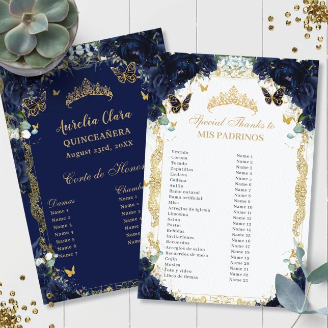 Blå Blommigt Guld Quinceañera Padrinos Corte (rich-dark-navy-blue-roses-floral-flowers-gold-butterflies-Quinceañera-mis-padrinos-budget-sheets)