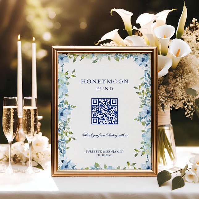 Blå Blommigt Honeymoon Gift QR-kod Bröllop-tecken Poster (Dusty blue, floral Honeymoon Fund wedding sign to ask for cash gifts with tact)