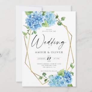 Blå Blommigt Hydrangeas Elegant Guld Modern Bröllo Inbjudningar