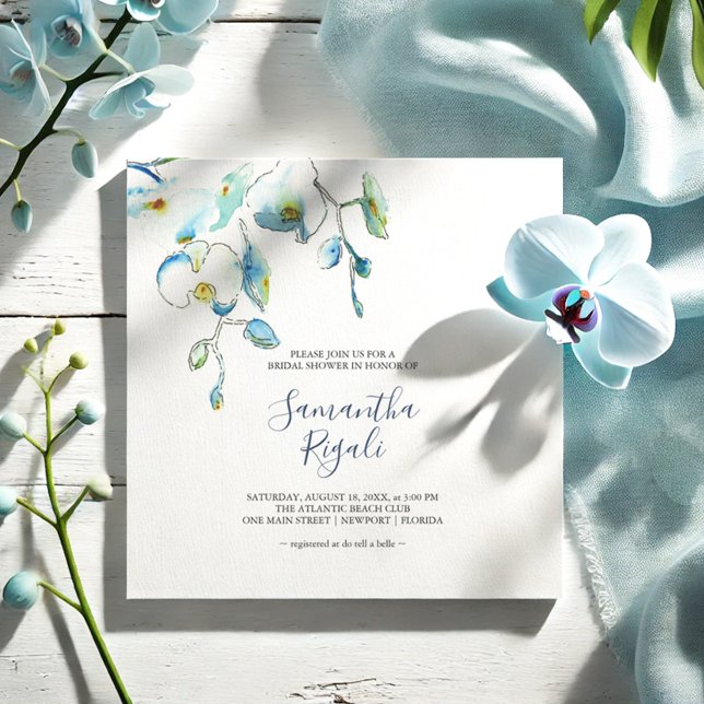 Blå Blommigt Inbjudningskort för möhippa (Simple floral bridal shower invitations feature water blue orchid flowers by Victoria Grigaliunas)