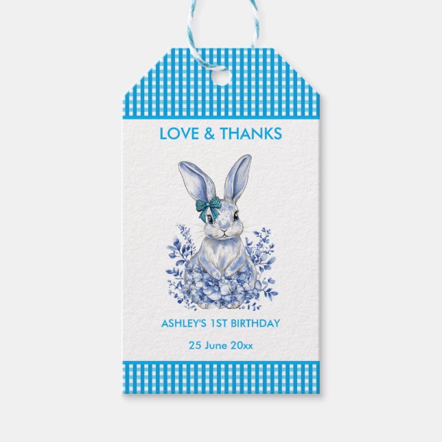 Blå Blommigt Kanin 1:a födelsedag Party Gift Märkr Presentetikett (Framsidan)