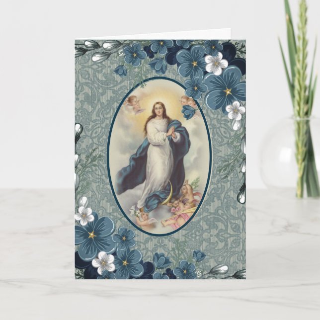 Blå Blommigt | Katolsk | Virgin Mor Mary Kort (Framsida)