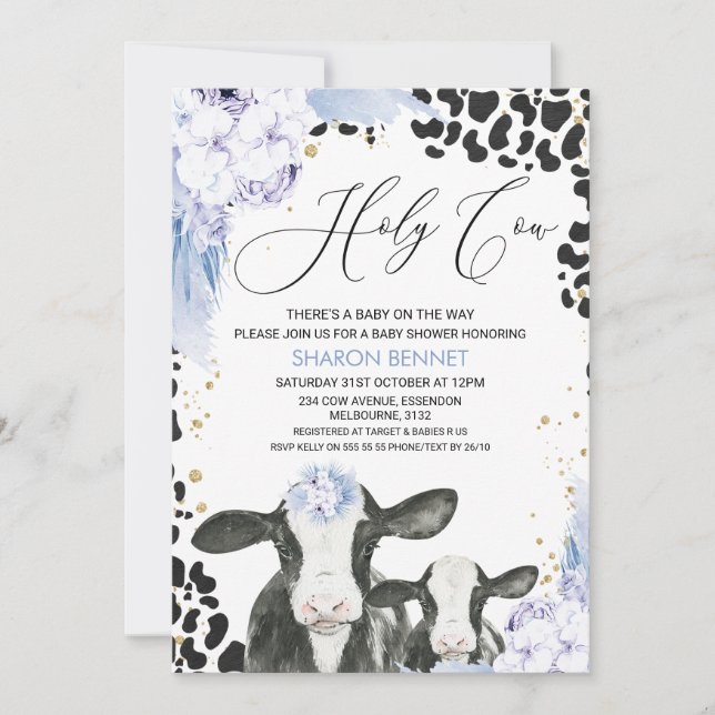 Blå Blommigt Kow Calf Boho Blommigt Baby Shower Inbjudningar (Framsida)