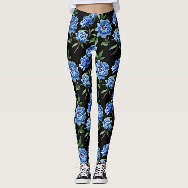 Blå Blommigt Kvinnors förband Leggings (Framsida)