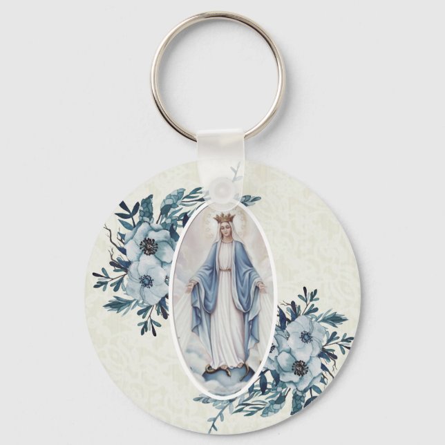 Blå Blommigt |Madonna | Virgin Mary | SNÖRE Nyckelring (Framsida)