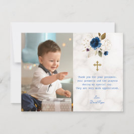 Blå Blommigt Marble Photo Boy Guld Kor Baptism Tack Kort