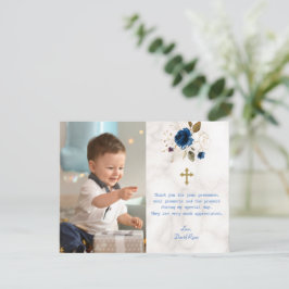 Blå Blommigt Marble Photo Boy Guld Kor Baptism Tack Kort