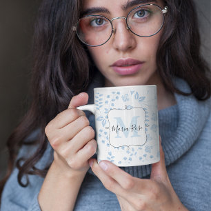 Blå Blommigt, Monogram-Personlig Kaffemugg