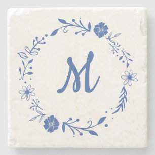 Blå Blommigt, Monogram, utandningsdesign Stenunderlägg
