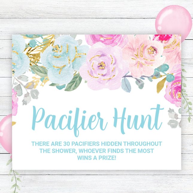 Blå Blommigt Nappar Hunt Baby Shower Game Sign Poster (Skapare uppladdad)