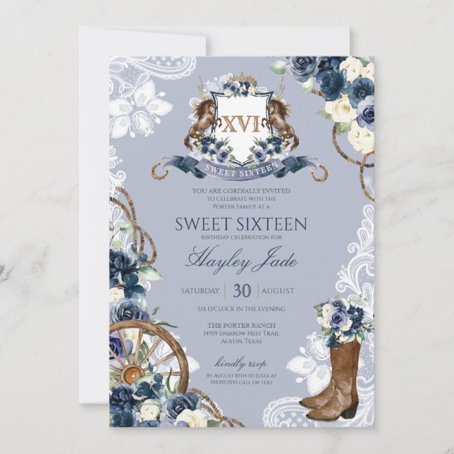 Blå Blommigt och Elegant Vapensköld Cowgirl Ranch  Inbjudningar (Framsida)