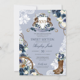 Blå Blommigt och Elegant Vapensköld Cowgirl Ranch  Inbjudningar