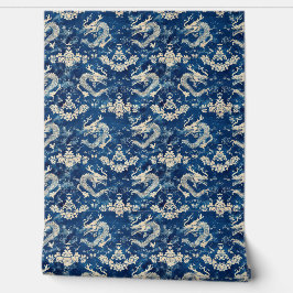 Blå Blommigt och kinesiska drakmer Mönster