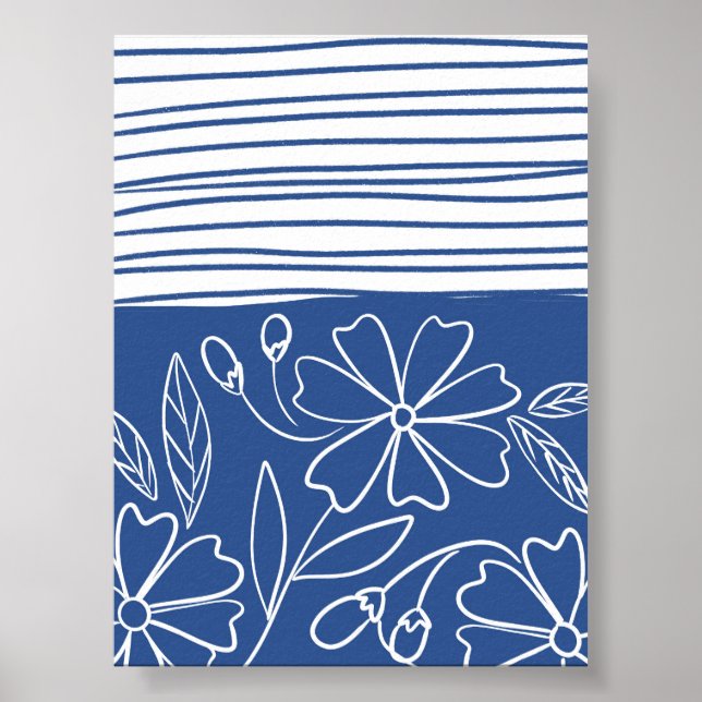 Blå Blommigt och stripe - Modern Boho Botanic Poster (Framsidan)