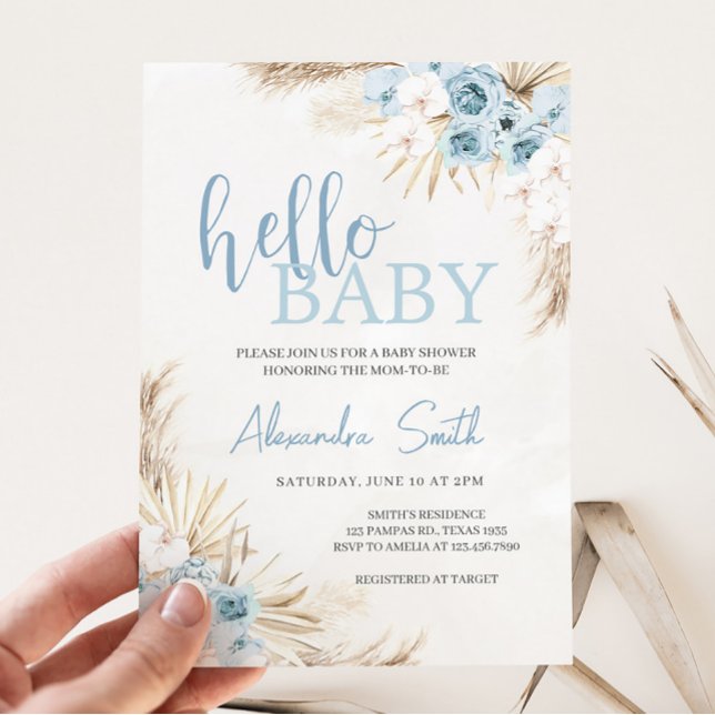 Blå Blommigt Pampas Grass Baby Shower Inbjudningar (Floral Pampas Grass Baby Shower Invitation)