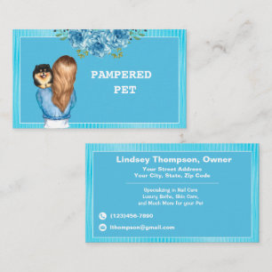 Blå Blommigt Pet Groomer Holding Puppy Visitkort