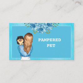 Blå Blommigt Pet Groomer Holding Puppy Visitkort