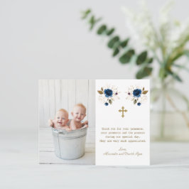 Blå Blommigt Photo Boys Twillingar Guld Kor Baptis Tack Kort