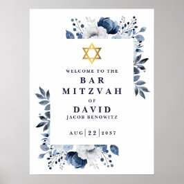 Blå Blommigt Pub Mitzvah Bat mitzvah välkomstskylt Poster