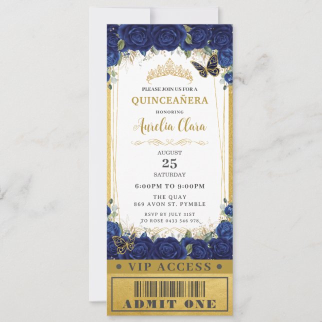Blå Blommigt Quinceañera Sweet 16 VIP Biljett Inbjudningar (Framsida)