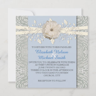 Blå Blommigt Ribbon Silver Damask Wedding Inbjudan
