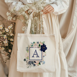 Blå Blommigt Ro Monogram Tote Bag Tygkasse