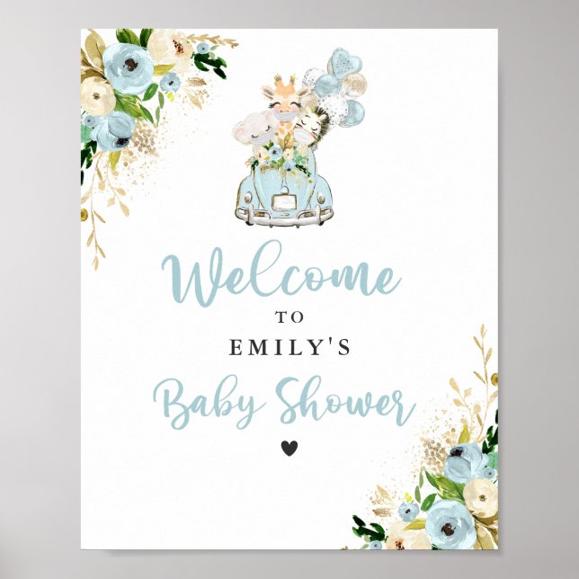 Blå Blommigt Safari Animals kör med babyskor Poster (Framsidan)