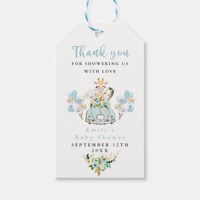 Blå Blommigt Safari Animals kör med babyskor Presentetikett (Framsidan)