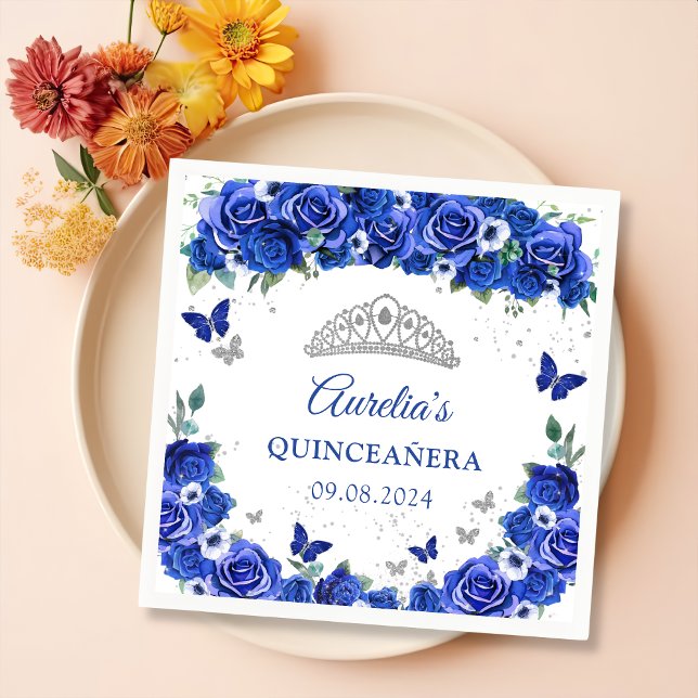 Blå Blommigt Silver Butterflies Quinceanera Napkin Pappersservett (Skapare uppladdad)