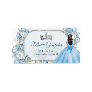 Blå Blommigt Silver Krona Quinceañera Adress Adressetikett