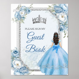 Blå Blommigt Silver Krona Quinceañera Guest Bok Poster