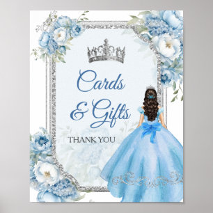 Blå Blommigt Silver Krona Quinceañera-kort och gåv Poster