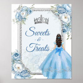Blå Blommigt Silver Krona Quinceañera Sötträd Poster
